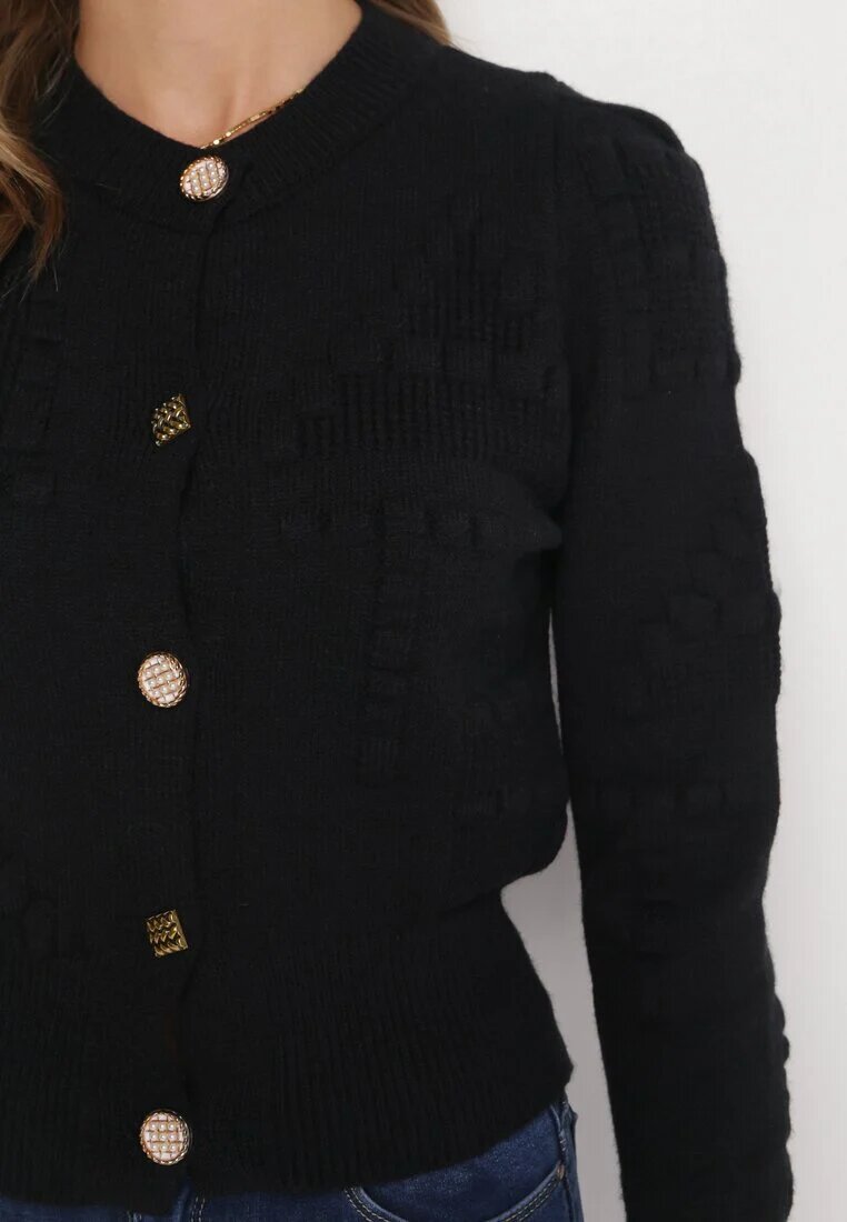elsa.m by may Cardigan Negru din Viscoză Cu nasturi decorativi cu nervuri Zoekia