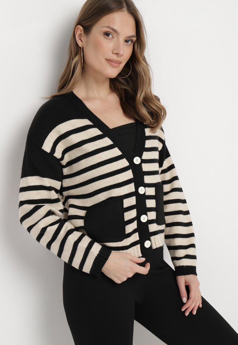 elsa.m by may Cardigan Negru din Viscoză cu nasturi și model în dungi Cilire