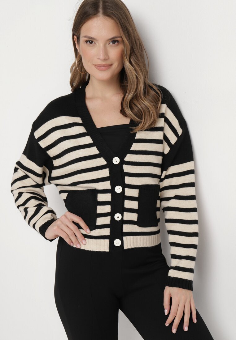 elsa.m by may Cardigan Negru din Viscoză cu nasturi și model în dungi Cilire
