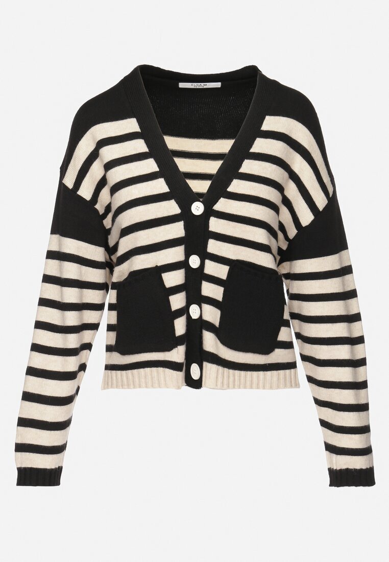 elsa.m by may Cardigan Negru din Viscoză cu nasturi și model în dungi Cilire