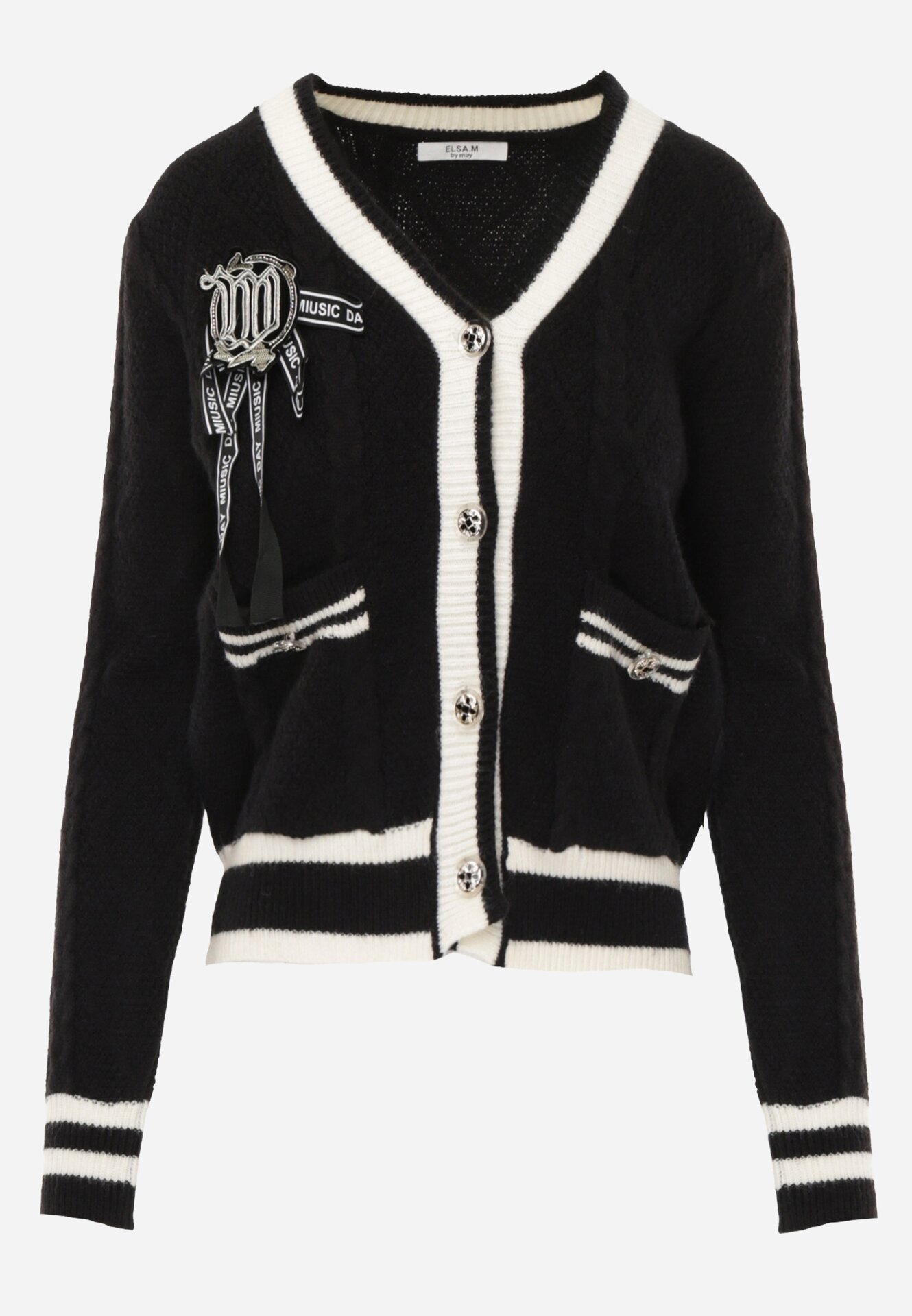 elsa.m by may Cardigan Negru din Viscoză Decorat cu Broșă Fundiță și Textură Flasia