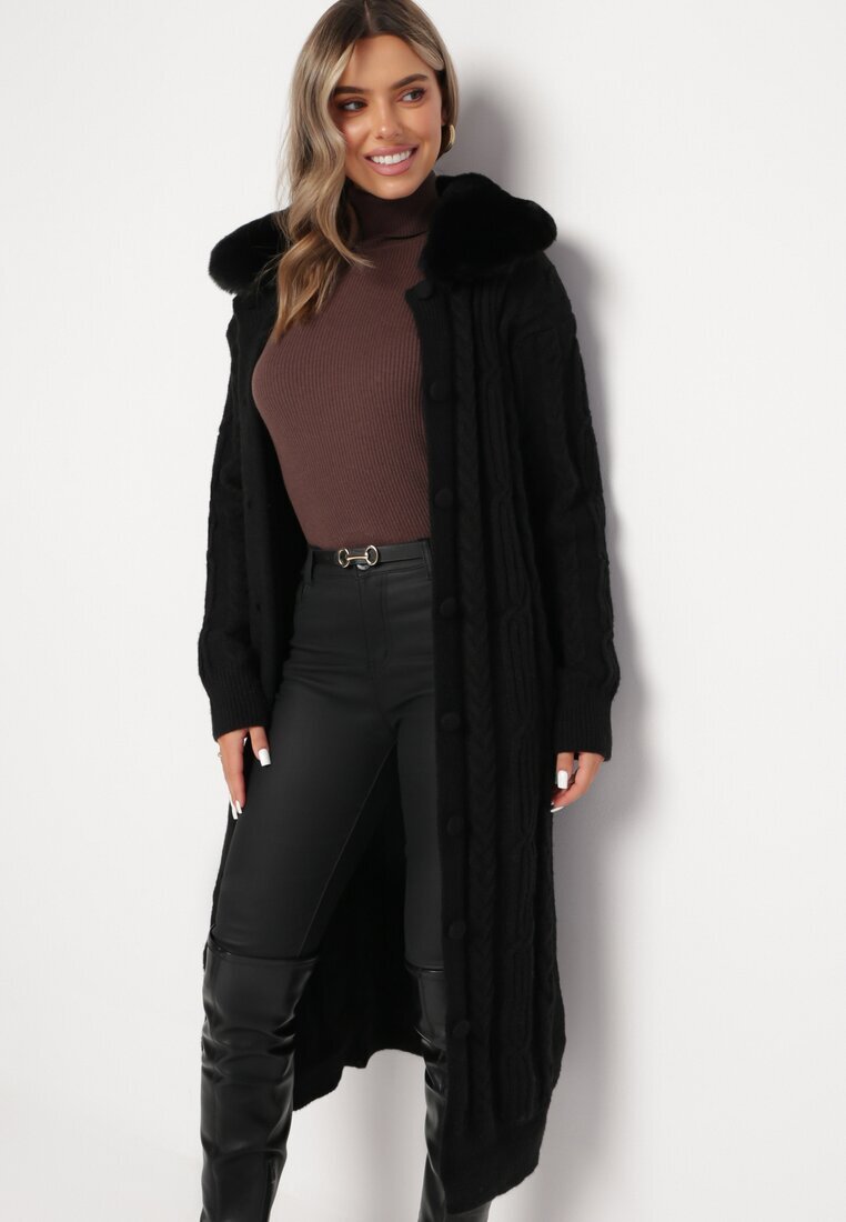elsa.m by may Cardigan Negru Lung din Viscoză și Guler de Blană Pistarre