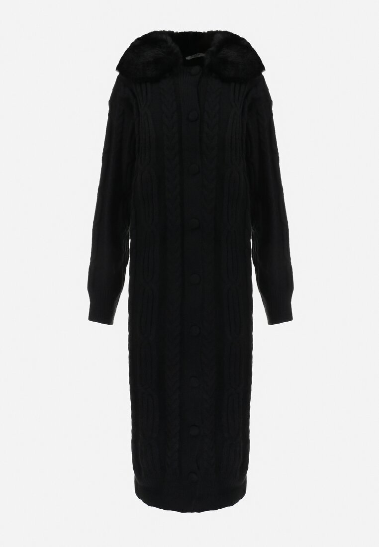 elsa.m by may Cardigan Negru Lung din Viscoză și Guler de Blană Pistarre