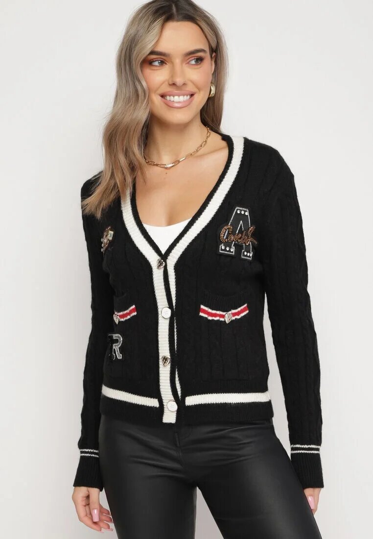 elsa.m by may Cardigan Pulover Negru Din Viscoză cu Decolteu Triunghiular și Aplicații Decorative la Talie
