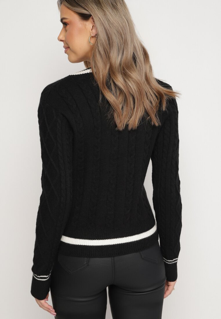 elsa.m by may Cardigan Pulover Negru Din Viscoză cu Decolteu Triunghiular și Aplicații Decorative la Talie