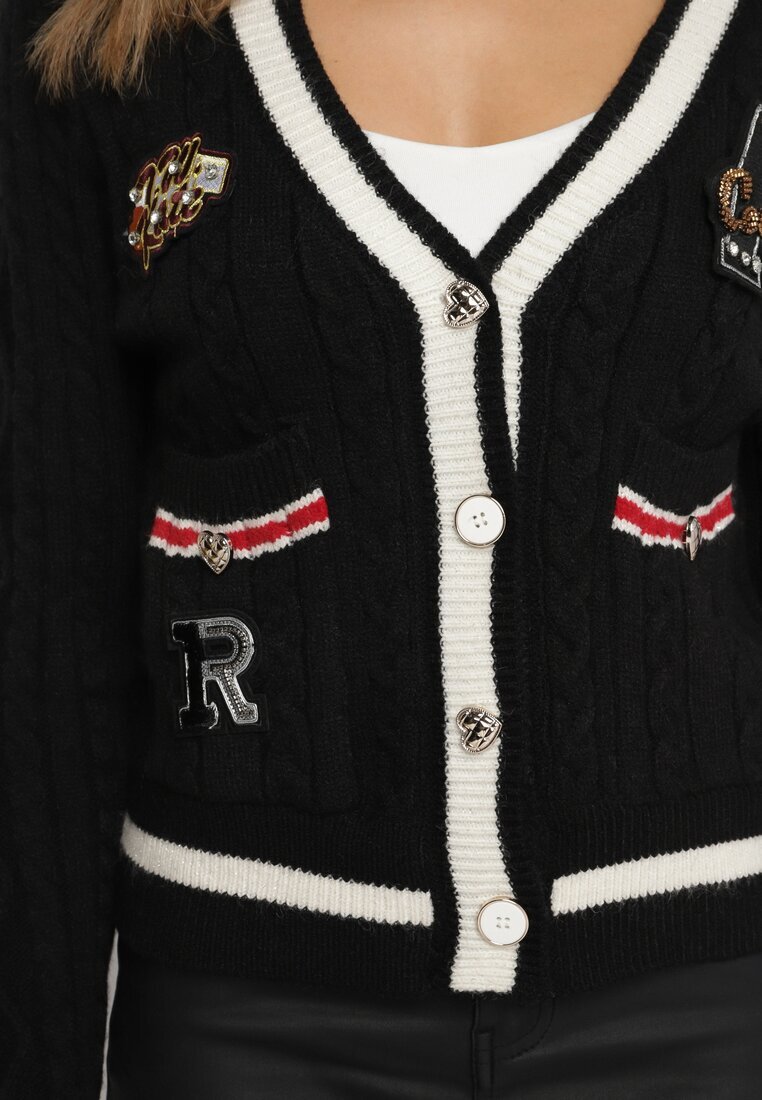 elsa.m by may Cardigan Pulover Negru Din Viscoză cu Decolteu Triunghiular și Aplicații Decorative la Talie