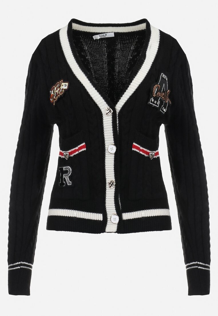 elsa.m by may Cardigan Pulover Negru Din Viscoză cu Decolteu Triunghiular și Aplicații Decorative la Talie