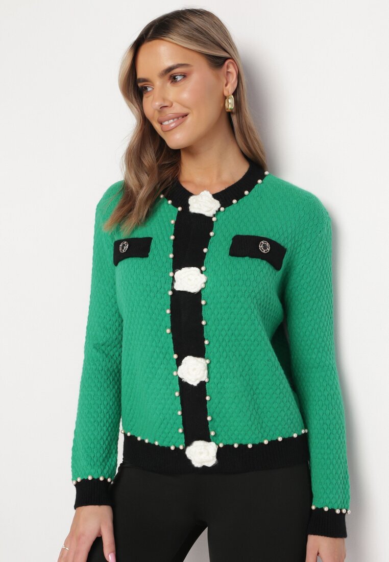 elsa.m by may Cardigan Verde din Viscoză cu Nasturi Perle și Flori Salana