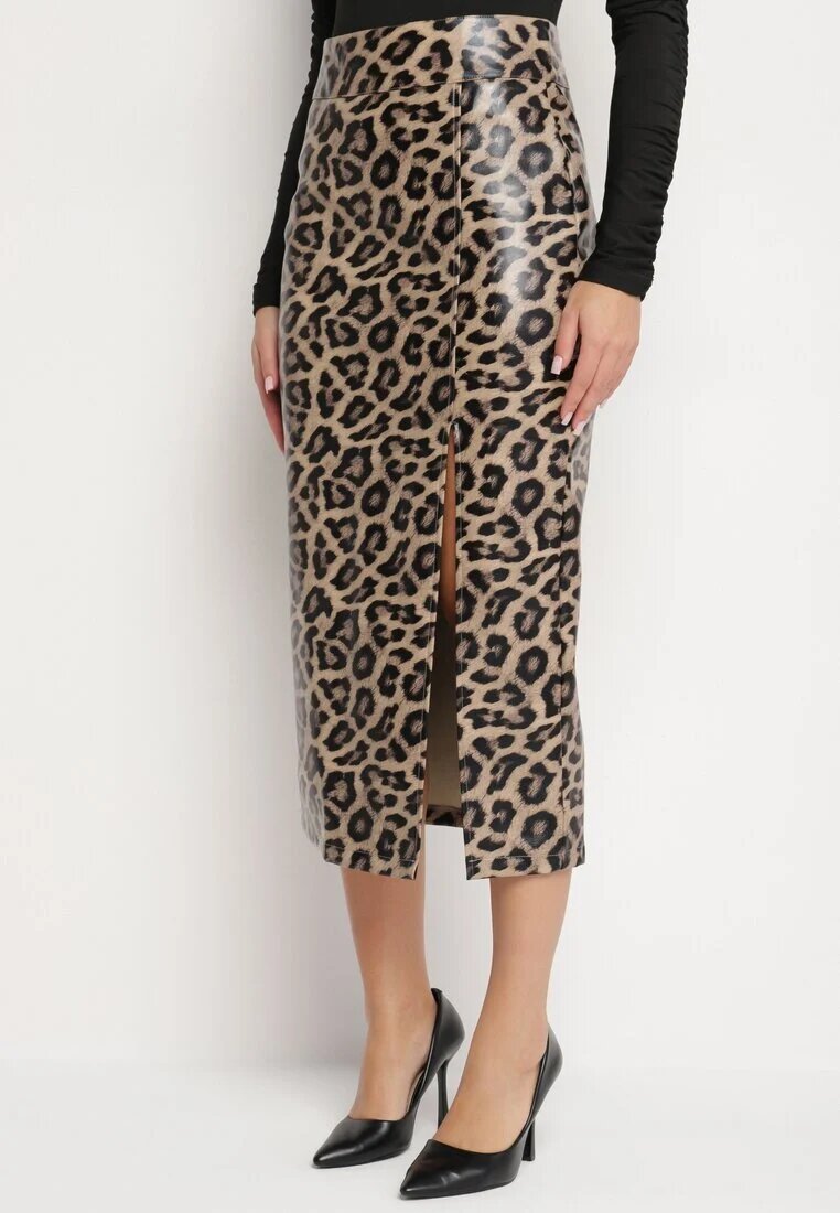 elsa.m by may Fustă Maro Leopard Creion cu Talie Înaltă Decorată cu Șliț Tamirelia