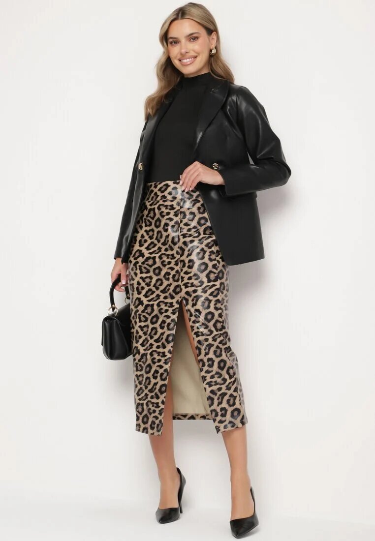 elsa.m by may Fustă Maro Leopard Creion cu Talie Înaltă Decorată cu Șliț Tamirelia