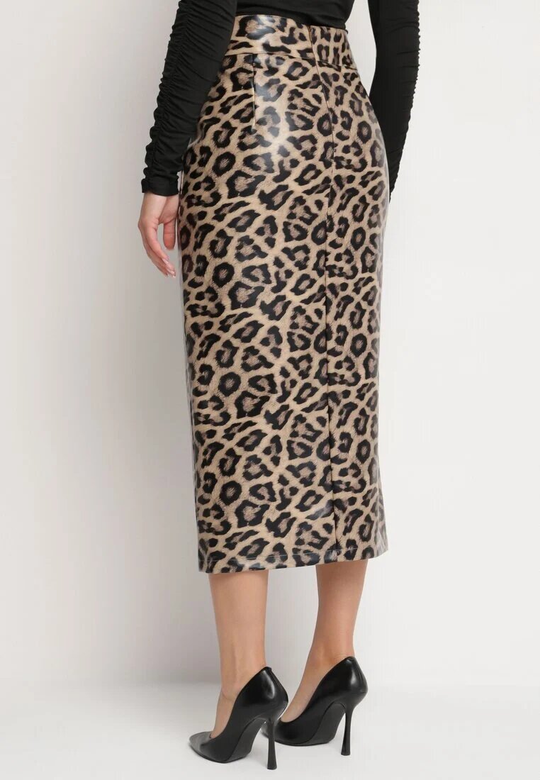 elsa.m by may Fustă Maro Leopard Creion cu Talie Înaltă Decorată cu Șliț Tamirelia