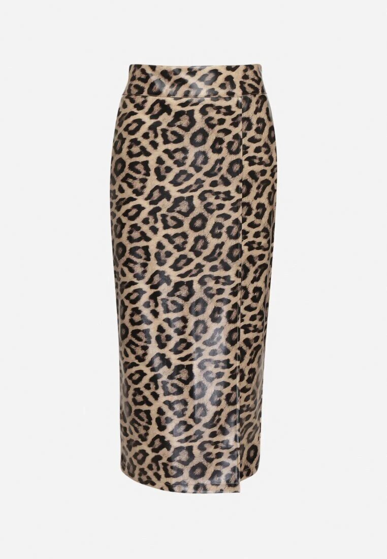 elsa.m by may Fustă Maro Leopard Creion cu Talie Înaltă Decorată cu Șliț Tamirelia