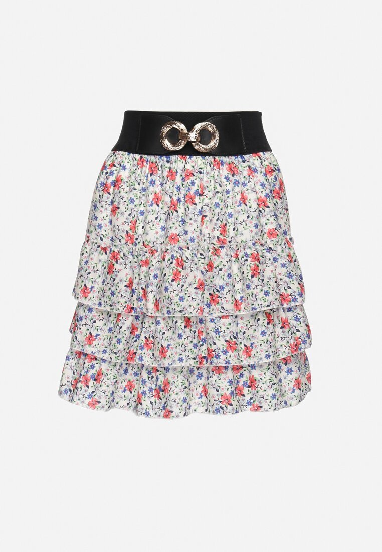 elsa.m by may Fustă Mini Alb-Roz Cloche cu Imprimeu Floral cu Închidere Decorativă și Volane Humaria