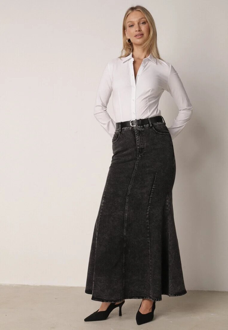 elsa.m by may Fustă Neagră din denim de bumbac cu croială sirenă cu curea Agenia