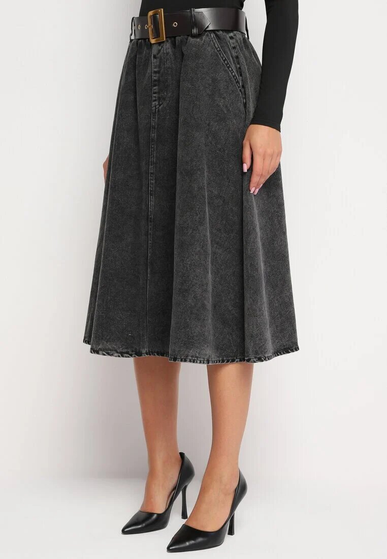 elsa.m by may Fustă neagră din denim midi cu curea Suera