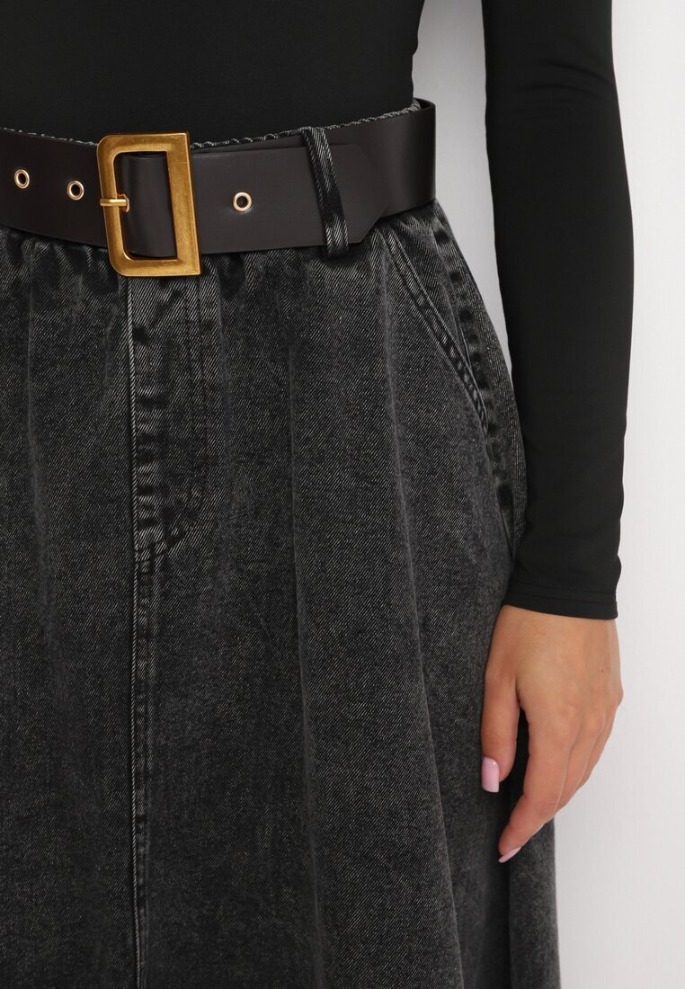 elsa.m by may Fustă neagră din denim midi cu curea Suera
