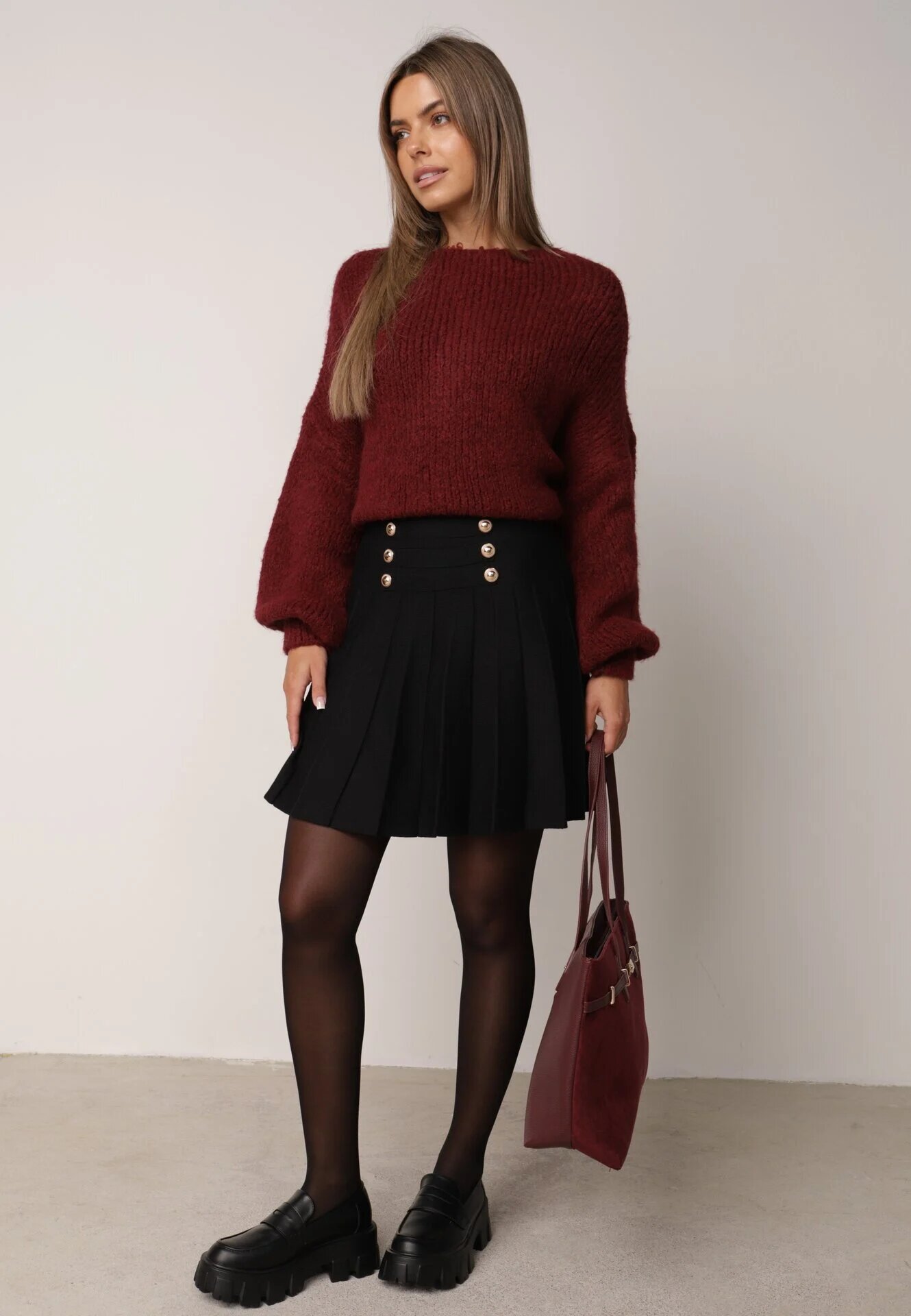 elsa.m by may Fustă plisată din tricot cu vâscoză decorată cu nasturi în stil napoleonian Silvani Neagră