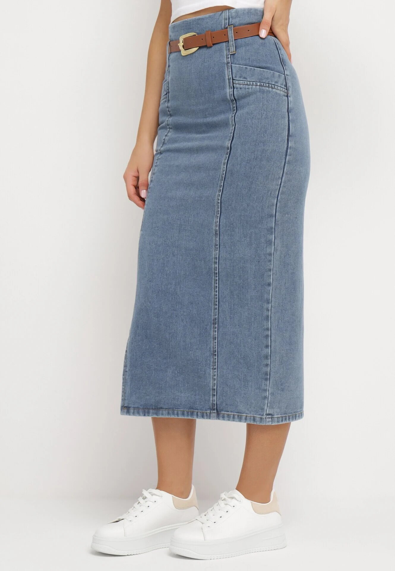 elsa.m by may Fustă tip creion albastră din denim cu curea cu cataramă Fernilla