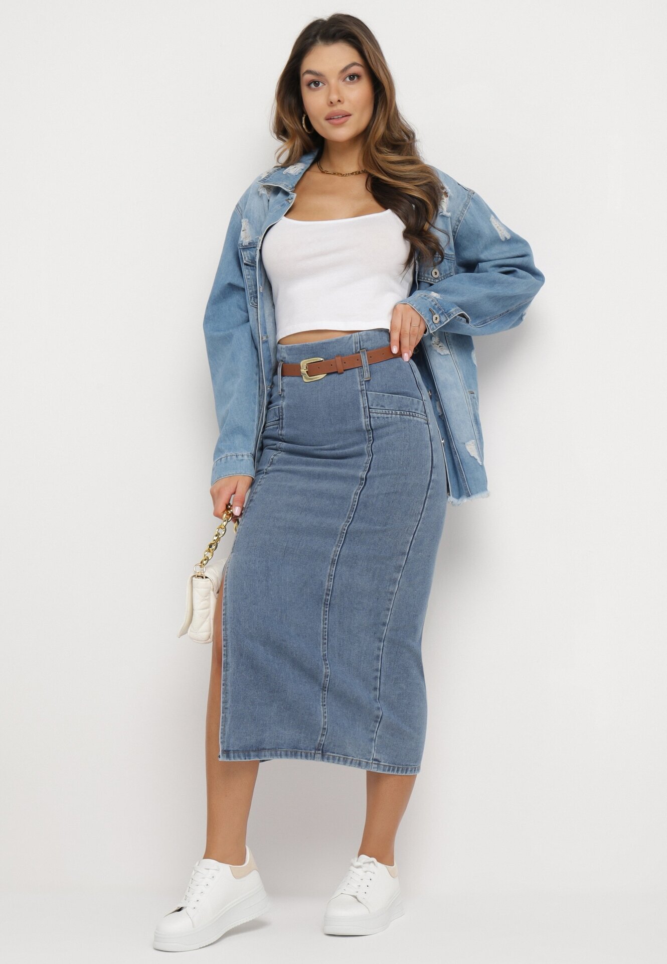 elsa.m by may Fustă tip creion albastră din denim cu curea cu cataramă Fernilla