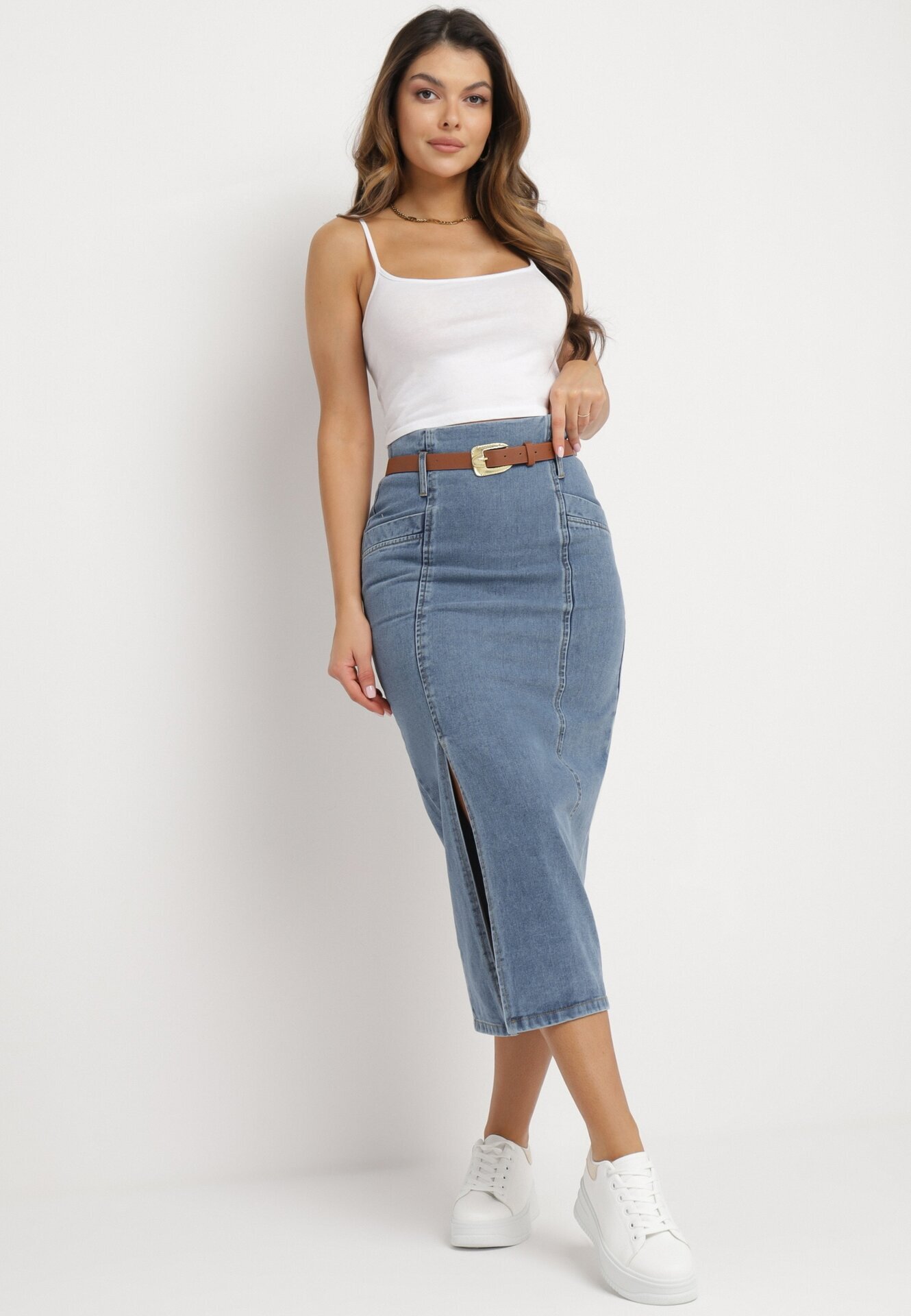 elsa.m by may Fustă tip creion albastră din denim cu curea cu cataramă Fernilla