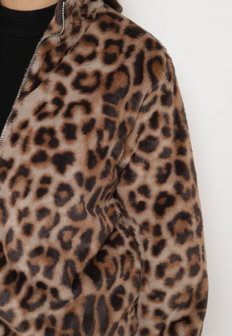 elsa.m by may Geacă Maro de blană cu manșete elastice și guler ridicat cu imprimeu leopard Viazelle