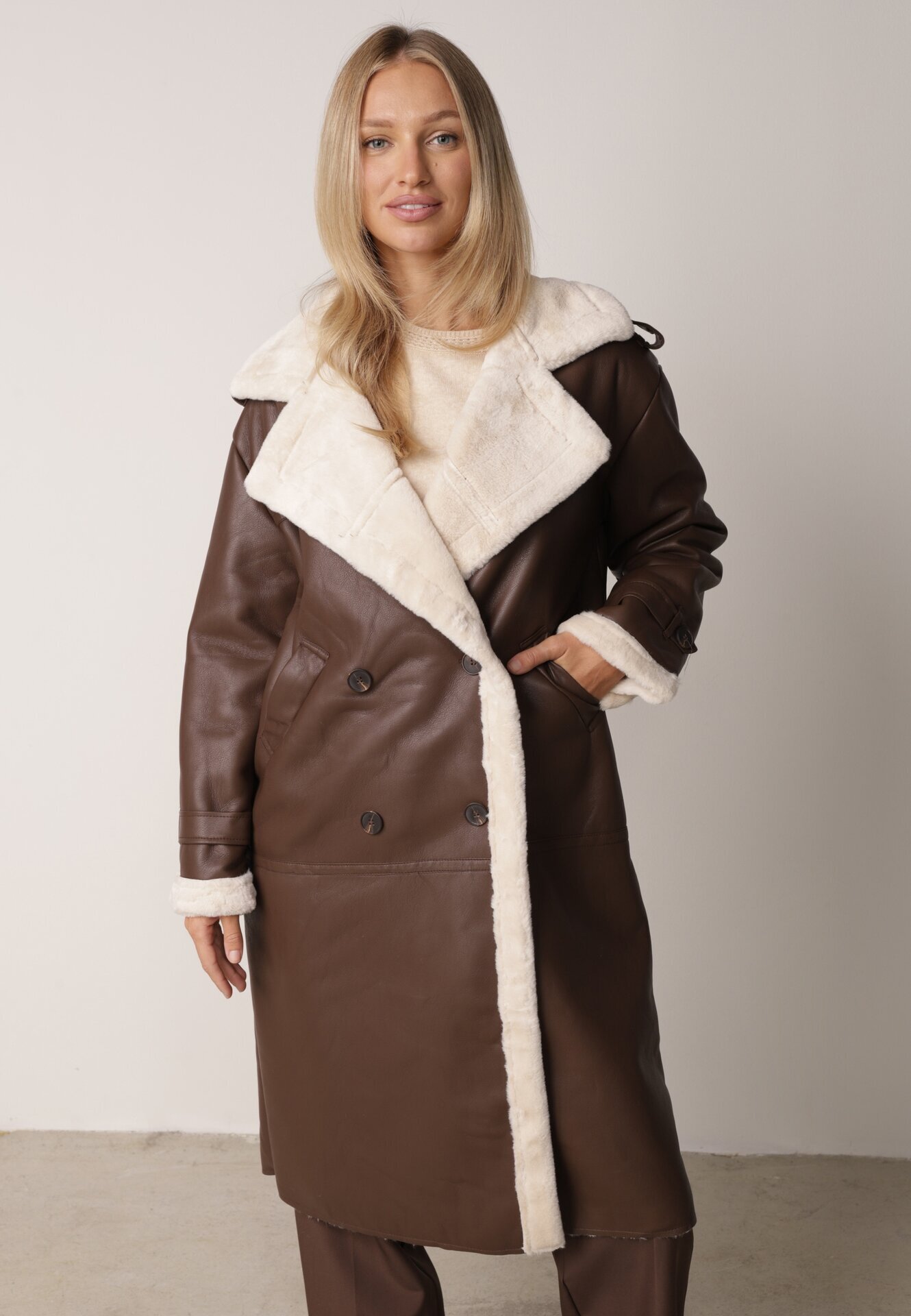 elsa.m by may Palton Maro Lung Oversize din Imitație de Piele și cu Blană Celis