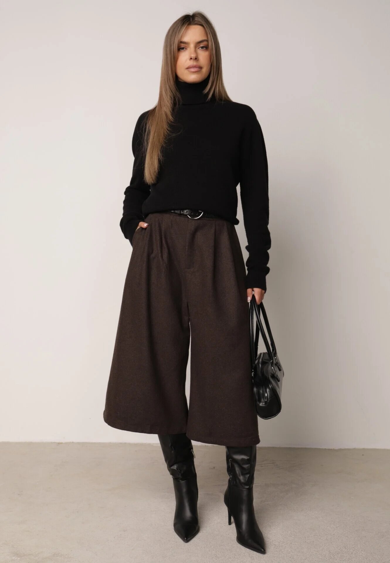 elsa.m by may Pantaloni Casual tip culotte din vâscoză și bumbac cu curea cu cataramă Bisorte Maro