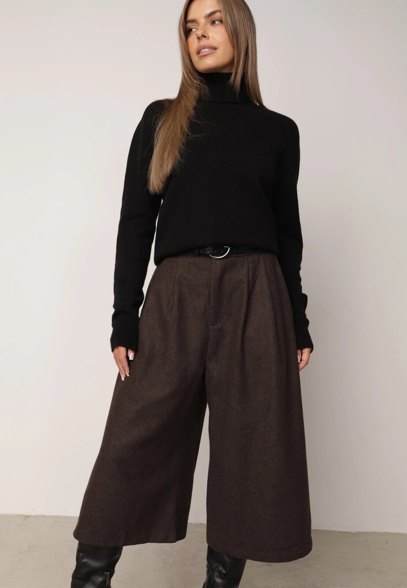 elsa.m by may Pantaloni Casual tip culotte din vâscoză și bumbac cu curea cu cataramă Bisorte Maro