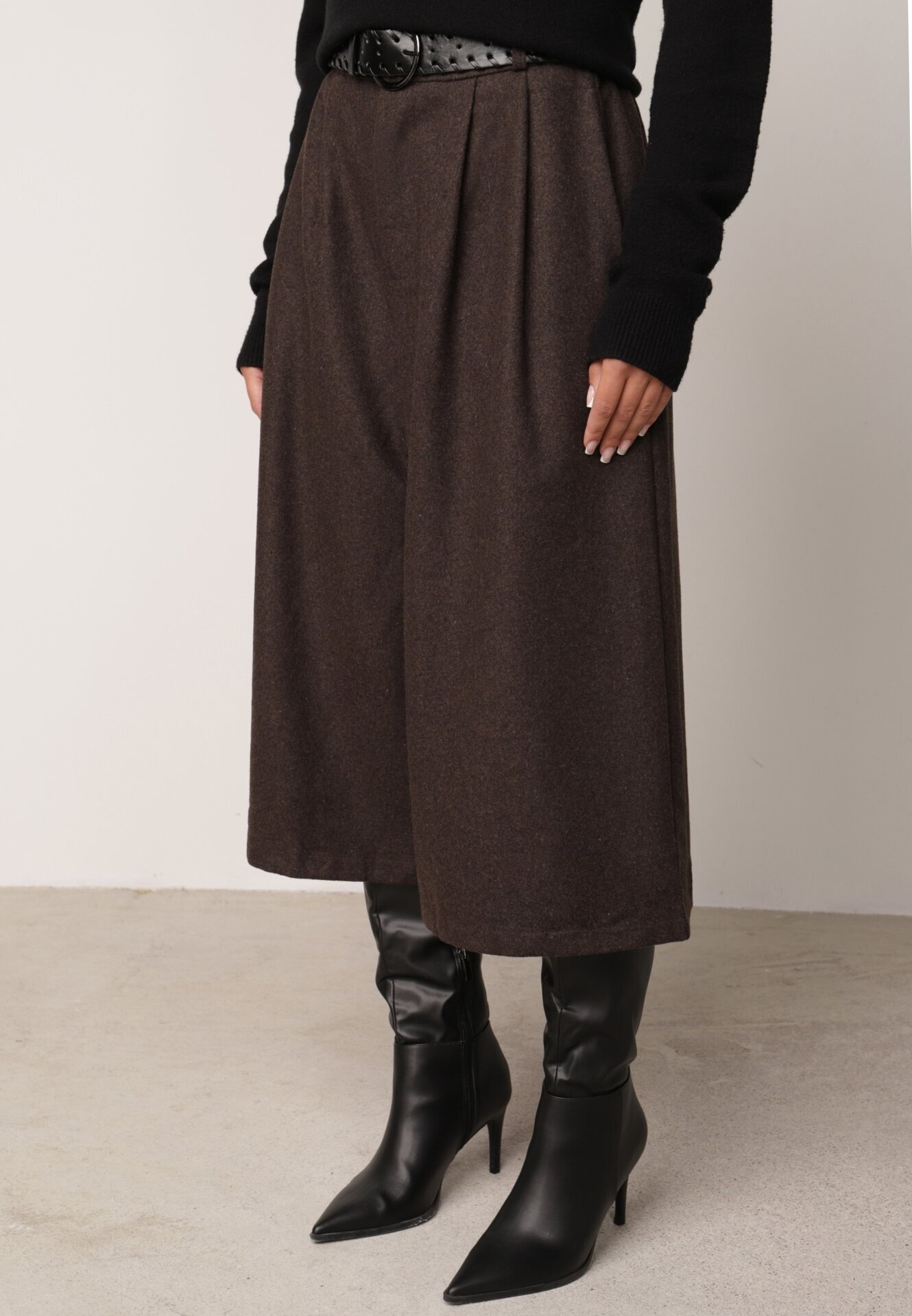 elsa.m by may Pantaloni Casual tip culotte din vâscoză și bumbac cu curea cu cataramă Bisorte Maro