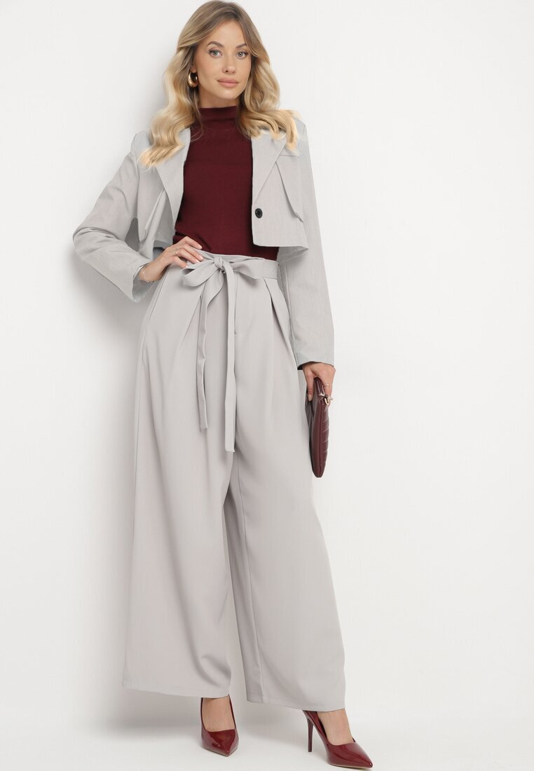elsa.m by may Pantaloni de costum Gri Largi cu curea în talie și talie înaltă Quenelsea