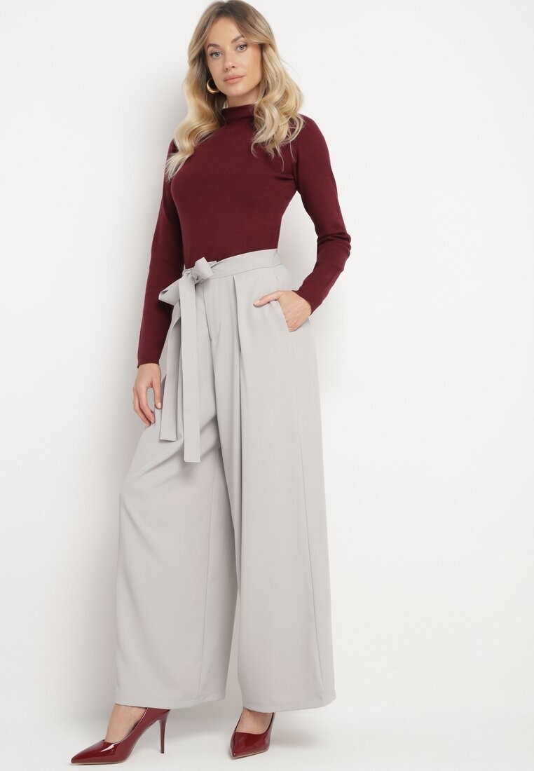 elsa.m by may Pantaloni de costum Gri Largi cu curea în talie și talie înaltă Quenelsea