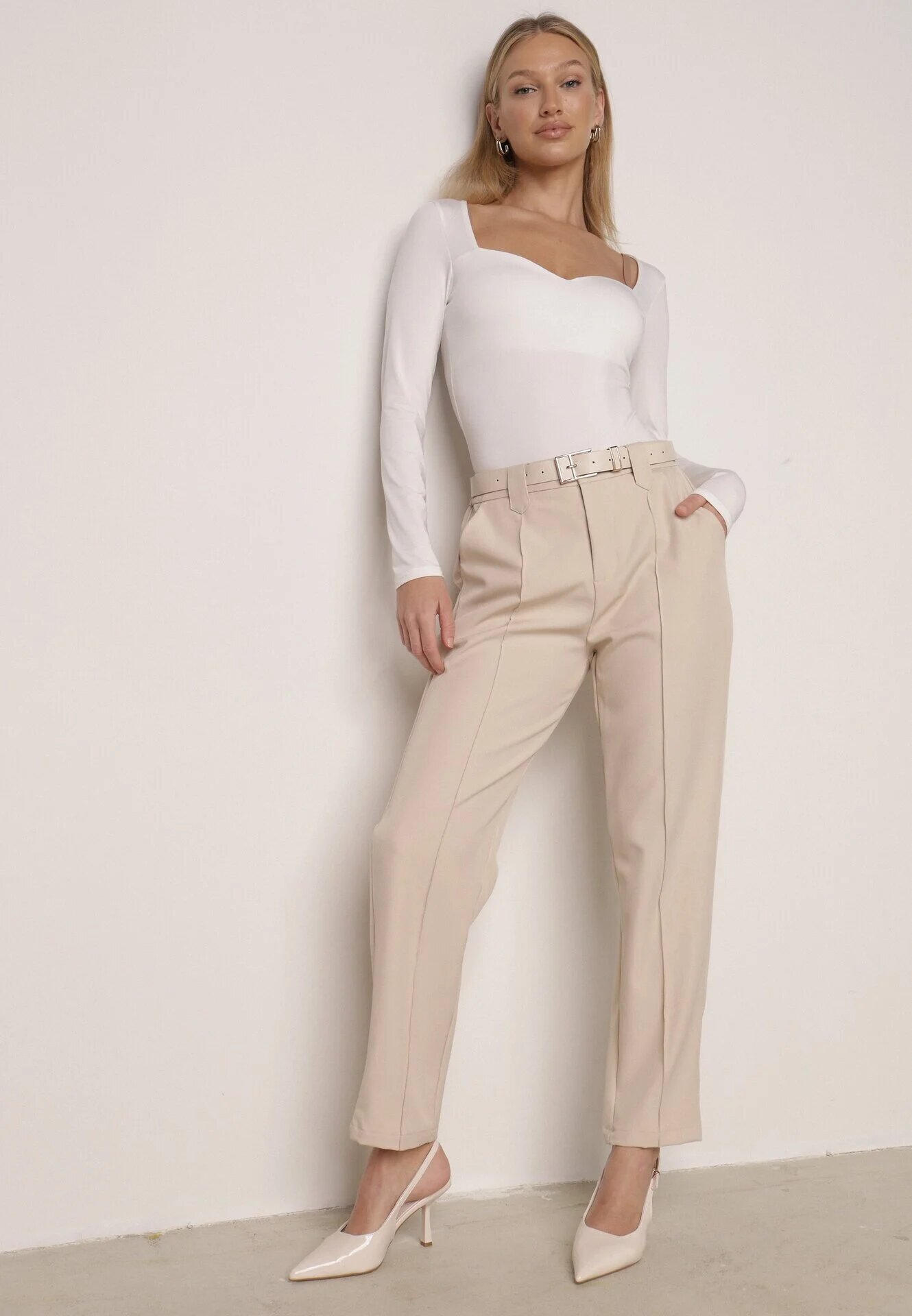 elsa.m by may Pantaloni eleganți bej țigaretă cu talie înaltă și curea cu cataramă Diminas