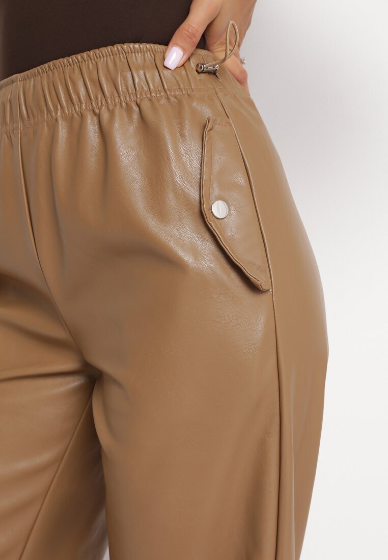 elsa.m by may Pantaloni Largi Bej din Imitație de Piele cu Elastic în Talie Lundria