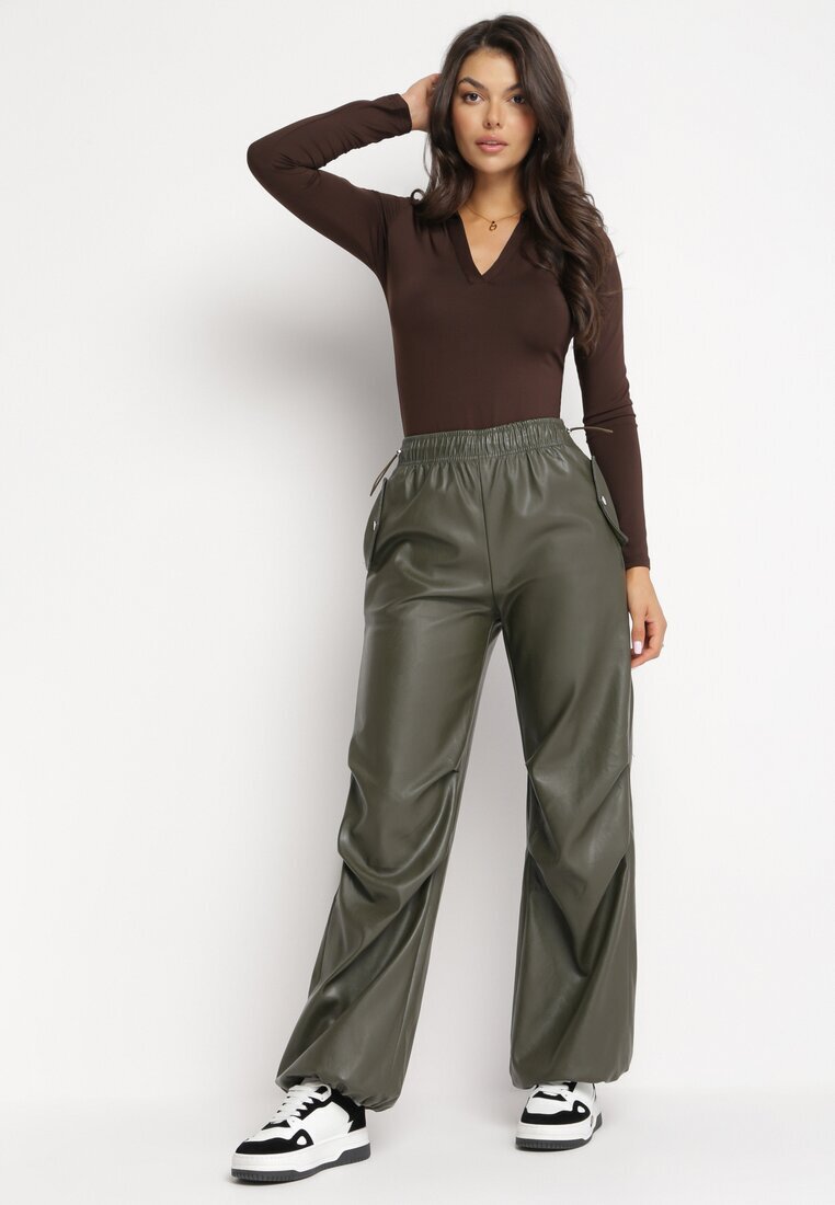 elsa.m by may Pantaloni Largi Verde închis din imitație de piele cu elastic în talie Lundria
