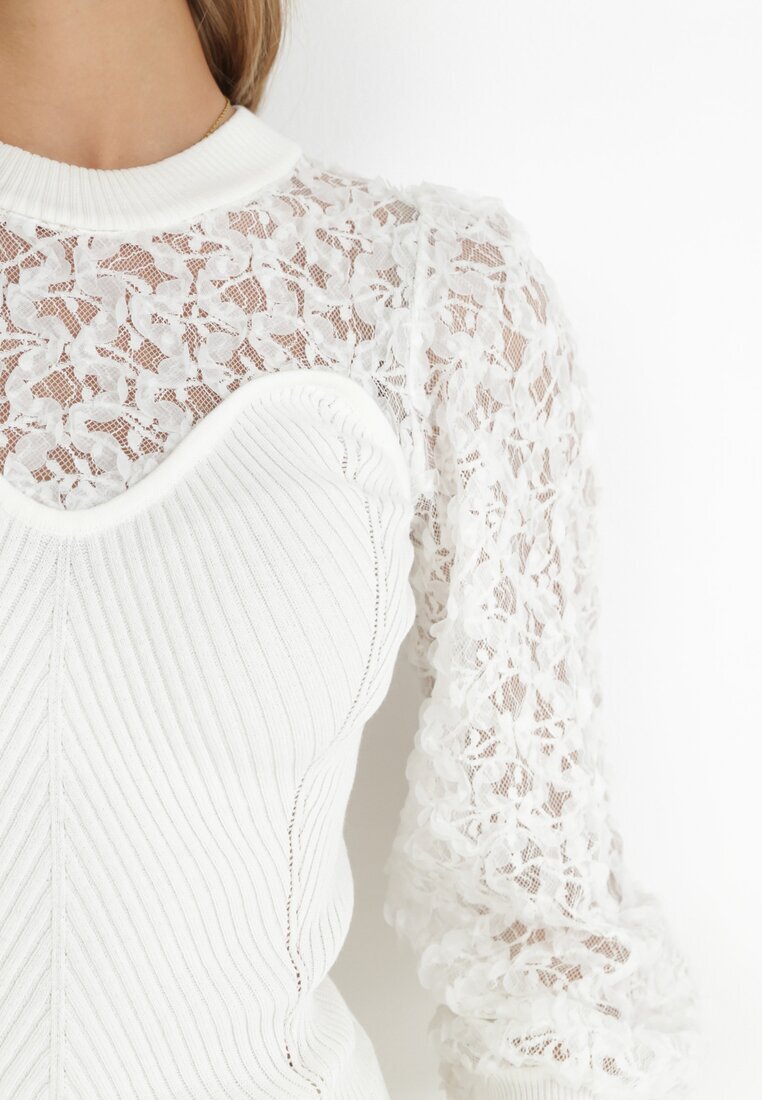 elsa.m by may Pulover Alb din Tricot Reiat cu Dantelă Ratana