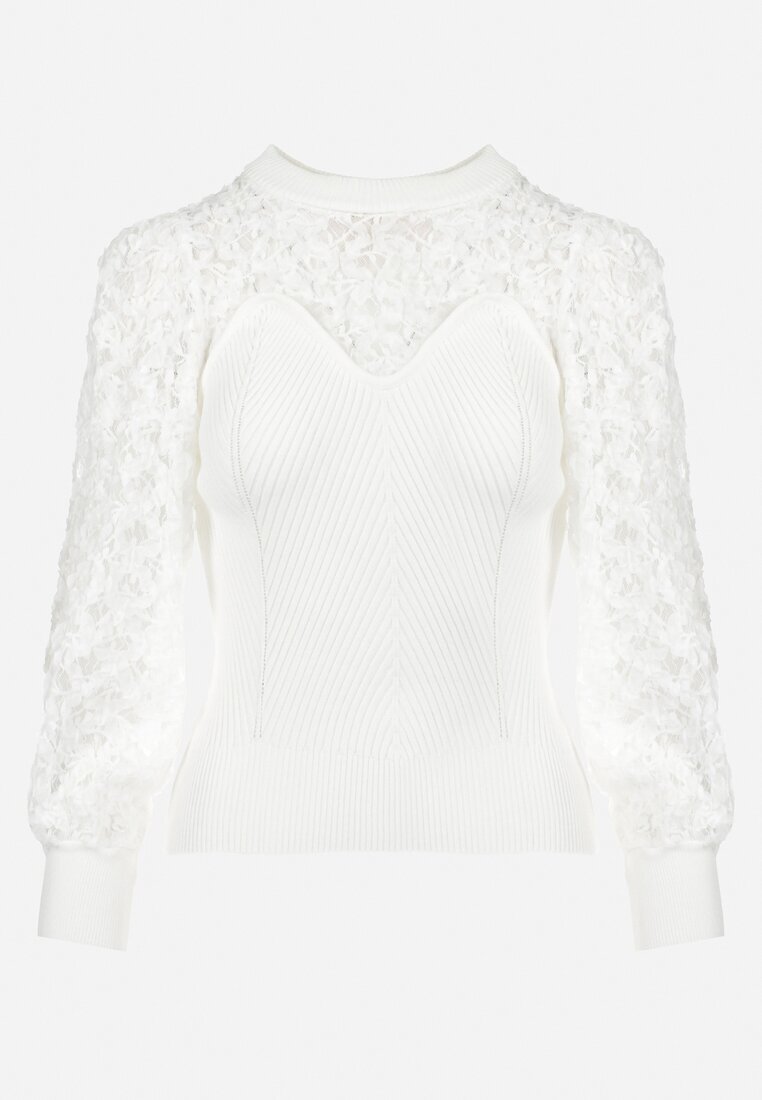 elsa.m by may Pulover Alb din Tricot Reiat cu Dantelă Ratana