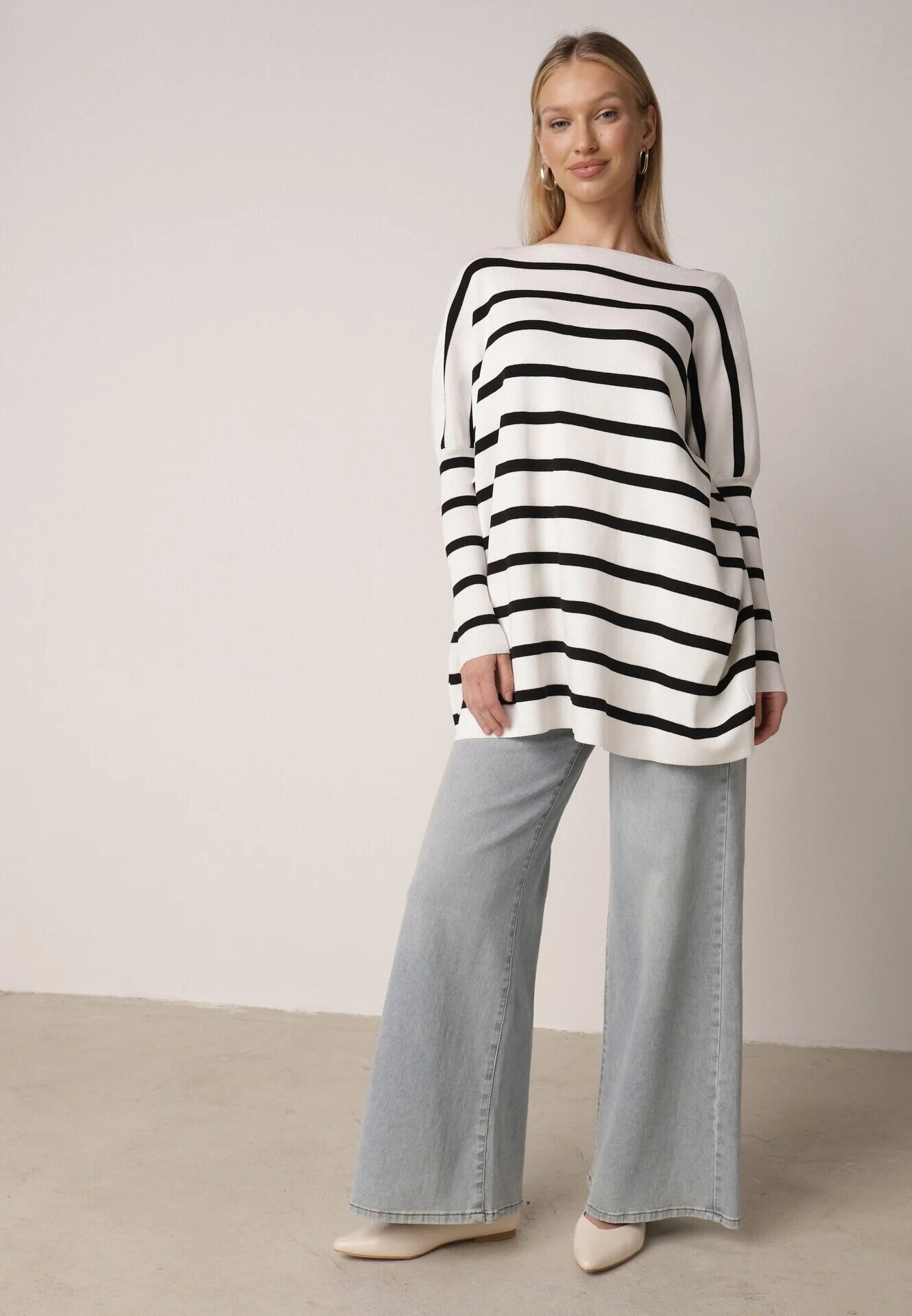 elsa.m by may Pulover Alb Oversize în Dungi cu Mâneci Liliac Caelania