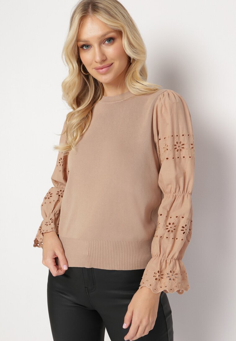 elsa.m by may Pulover Bej cu Mânecă Ajurată Decorată cu Broderie Obylike