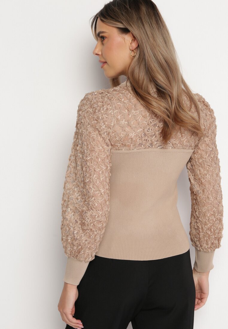 elsa.m by may Pulover Bej din Tricot Reiat cu Dantelă Ratana