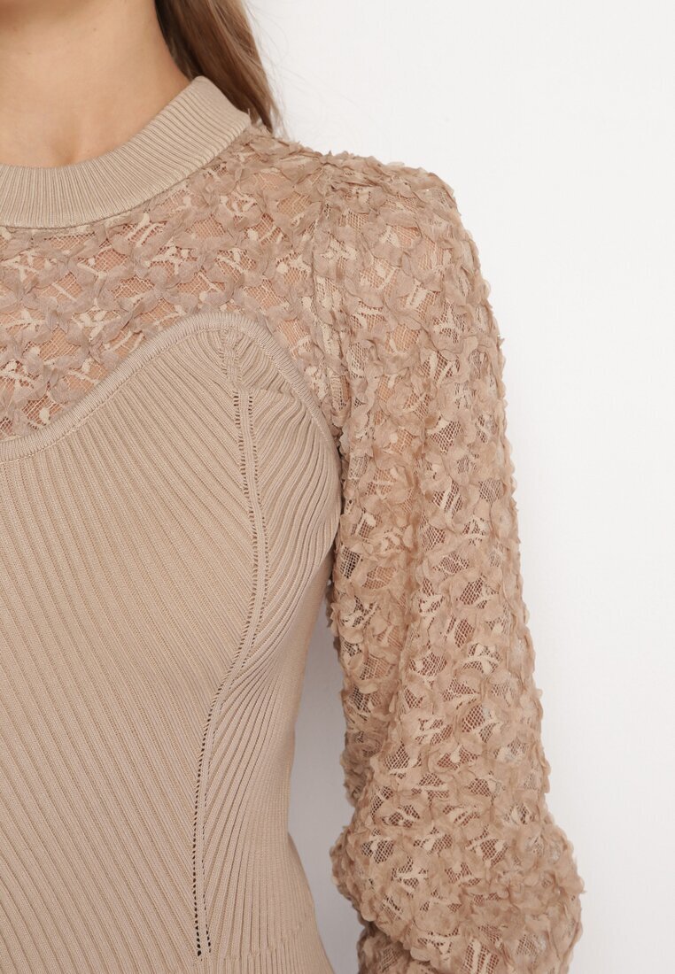 elsa.m by may Pulover Bej din Tricot Reiat cu Dantelă Ratana