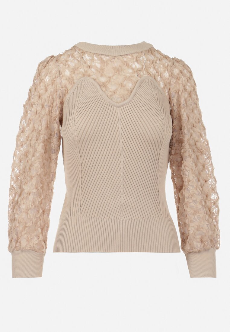 elsa.m by may Pulover Bej din Tricot Reiat cu Dantelă Ratana