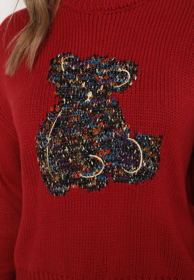 elsa.m by may Pulover Bordeaux din Viscoză Decorat cu Ursuleț și Paiete Lilimi