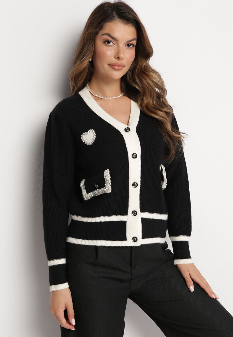 elsa.m by may Pulover Cardigan Negru din Viscoză cu Aplicație Inimă și Buzunare cu Perle Aradhya