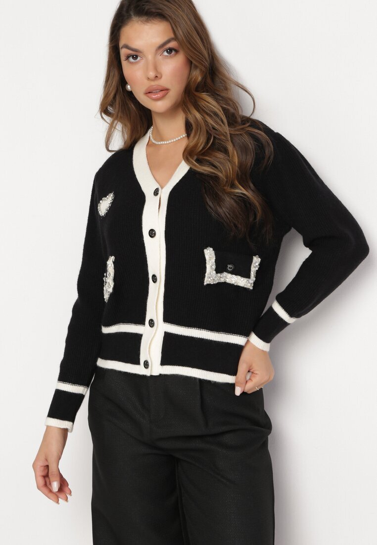 elsa.m by may Pulover Cardigan Negru din Viscoză cu Aplicație Inimă și Buzunare cu Perle Aradhya