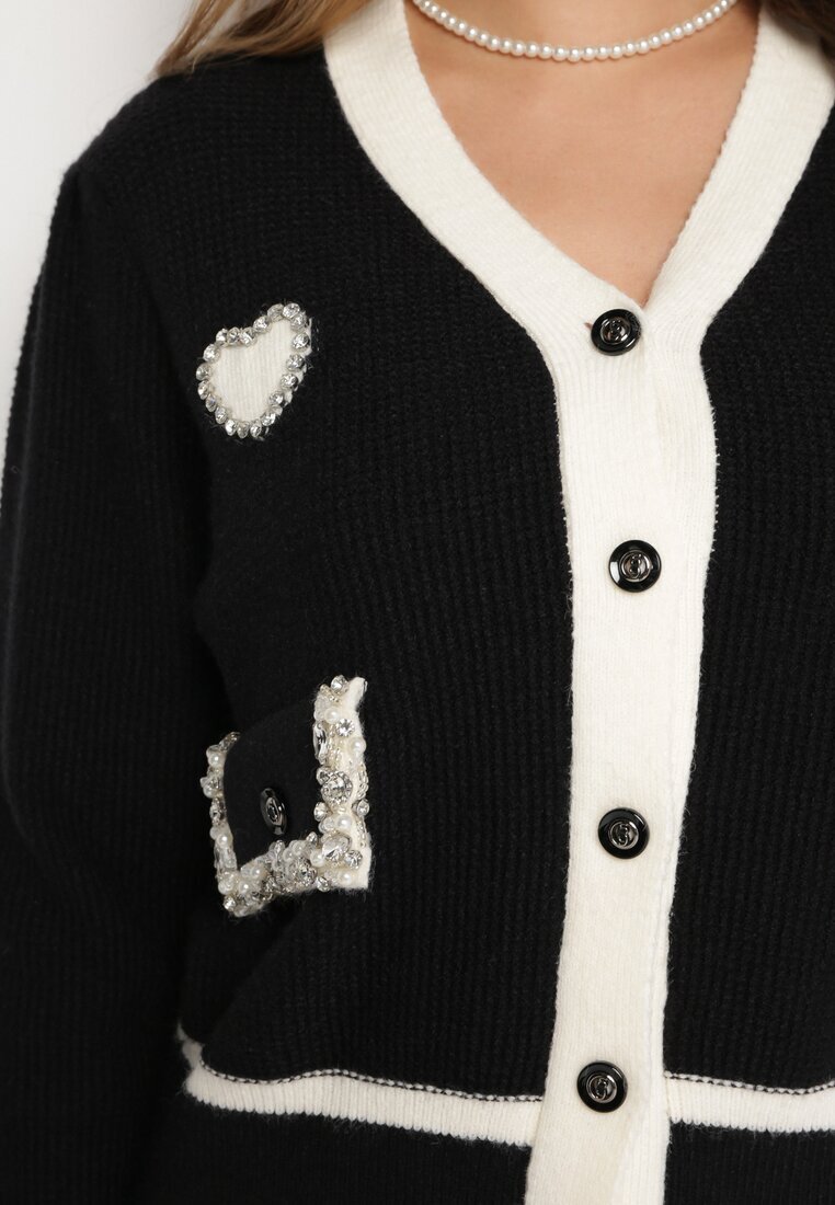 elsa.m by may Pulover Cardigan Negru din Viscoză cu Aplicație Inimă și Buzunare cu Perle Aradhya