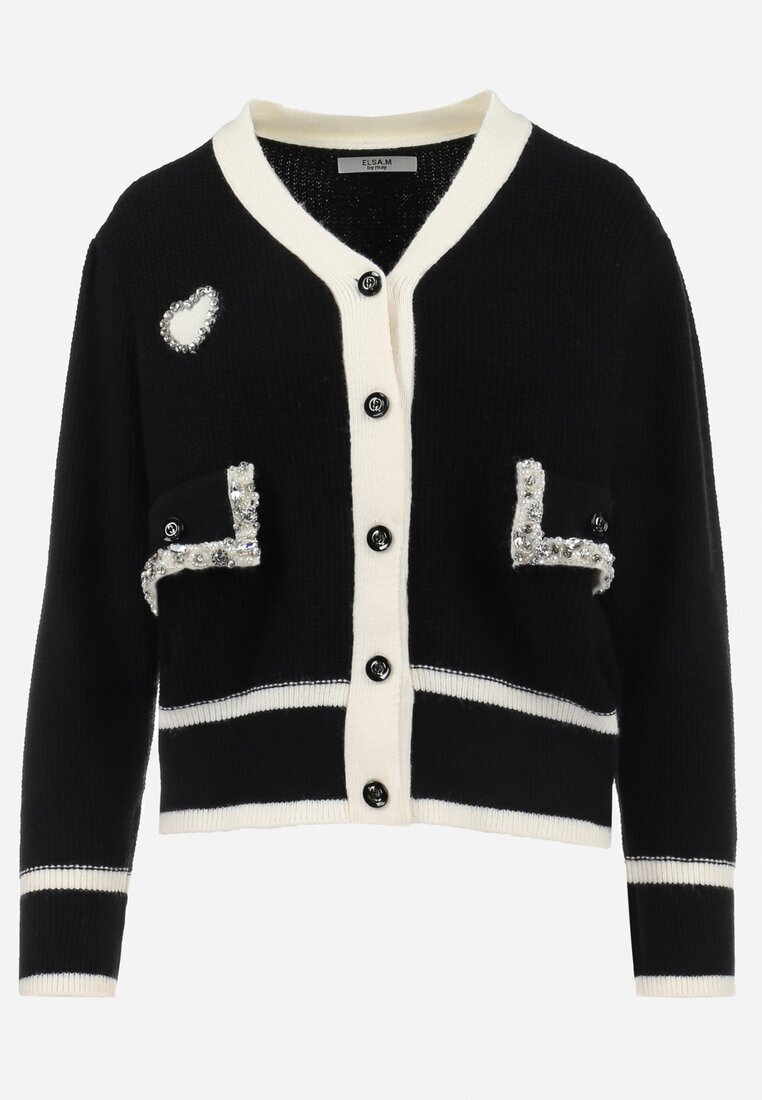 elsa.m by may Pulover Cardigan Negru din Viscoză cu Aplicație Inimă și Buzunare cu Perle Aradhya