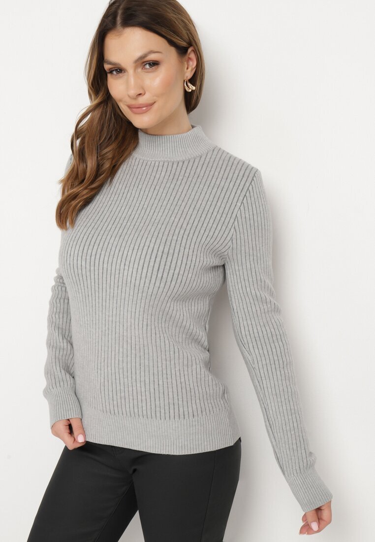 elsa.m by may Pulover Gri cu Viscoză și Guler înalt din Material Elastic Reiat Nikiella