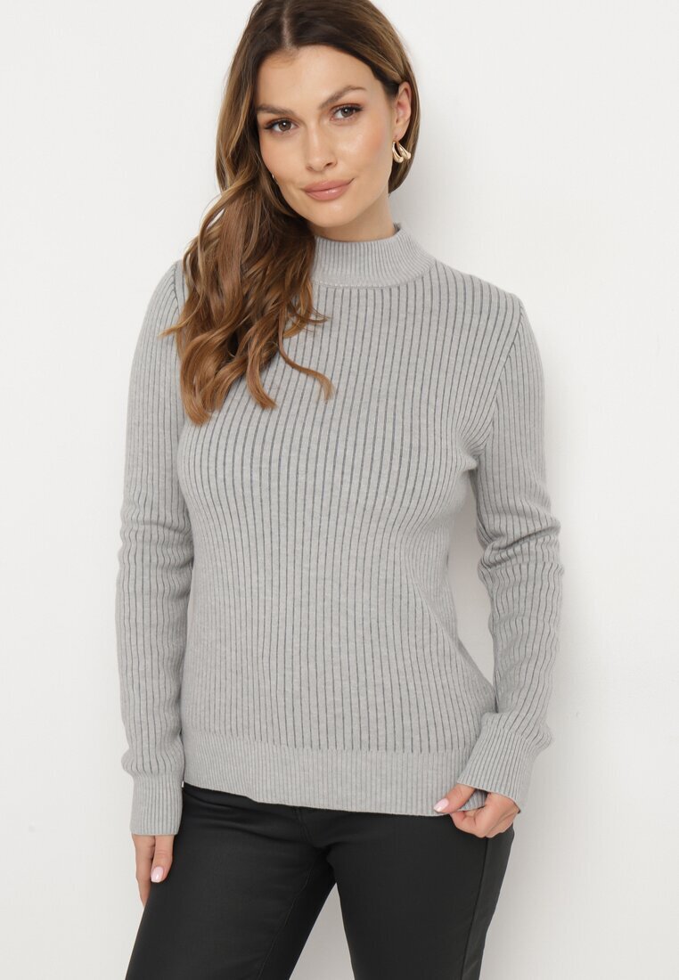 elsa.m by may Pulover Gri cu Viscoză și Guler înalt din Material Elastic Reiat Nikiella