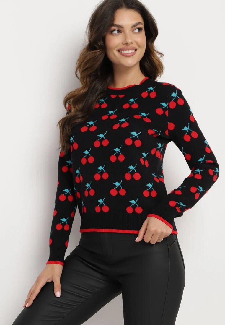 elsa.m by may Pulover Negru cu Vâscoză cu Croială Dreaptă Decorat cu Model cu Cireșe Avandirae