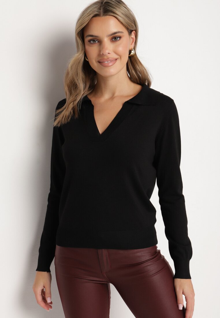 elsa.m by may Pulover Negru cu Viscoză Decorat cu Guler și Mansete Ceada